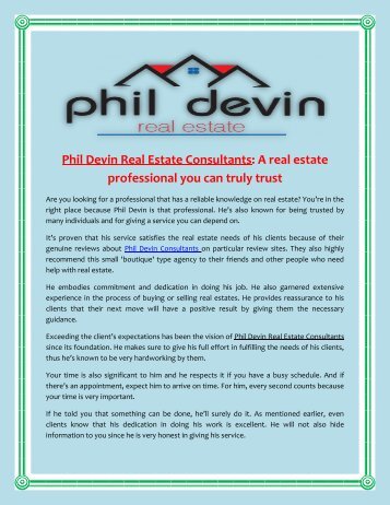 Phil Devin Real Estate Consultants A real estate professional you can truly trust