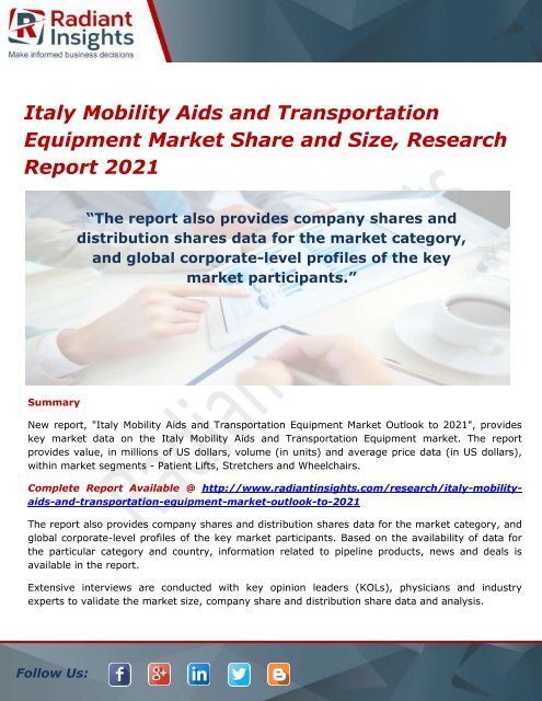 Italy Mobility Aids and Transportation Equipment Market Share, Opportunities and Outlook 2021