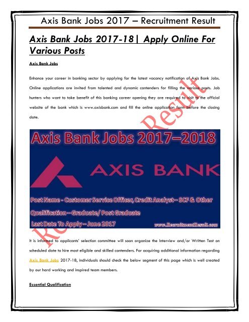 Axis Bank Jobs 2017-18 Apply Online For Various Posts