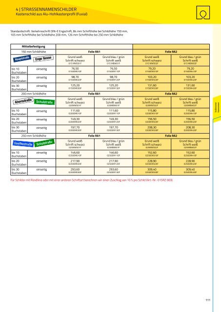 Preisliste 2018 | Verkehrszeichen und Zubehör