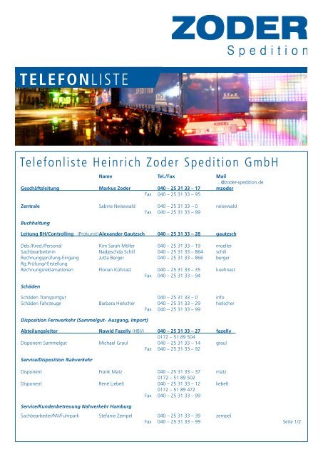 TELEFONLISTE - Heinrich Zoder Spedition GmbH