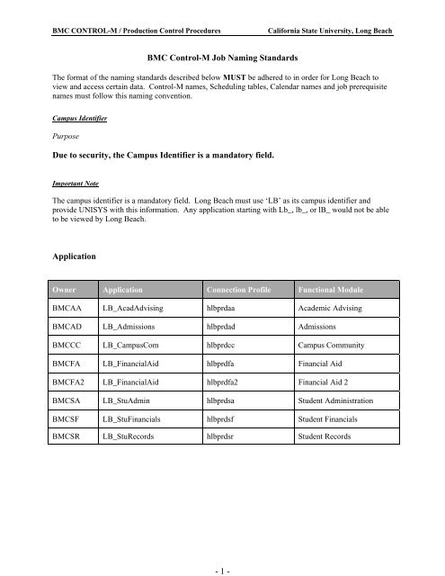 Bmc Control M Job Naming Standards California State