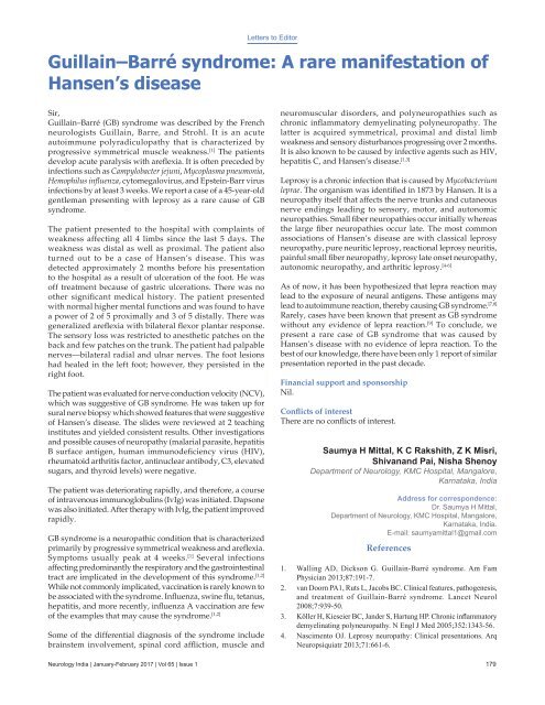 Guillain–Barré syndrome A rare manifestation of Hansen’s ds disease