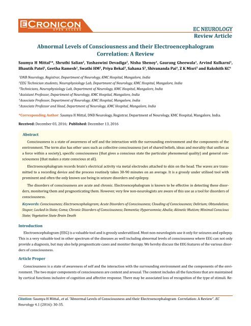 Abnormal Levels of Consciousness and their Electroencephalogram Correlation- A Review