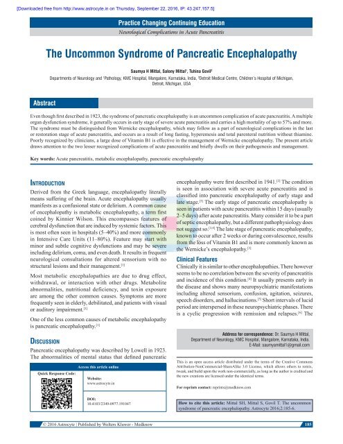 The Uncommon Syndrome of Pancreatic Encephalopathy