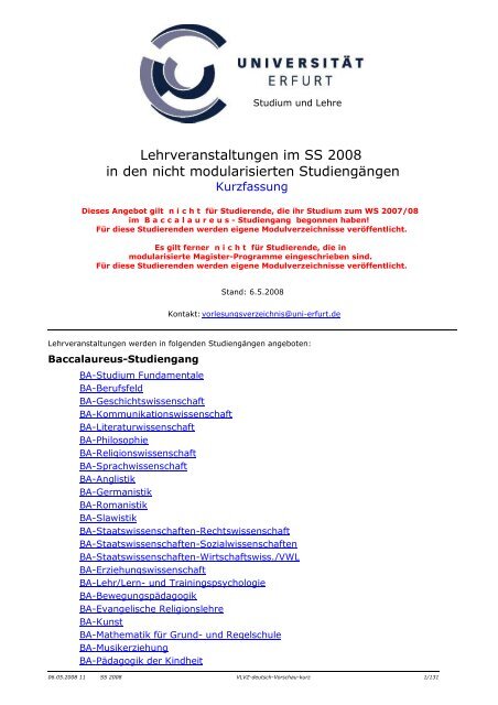 Lehrveranstaltungen im SS 2008 in den nicht ... - Universität Erfurt