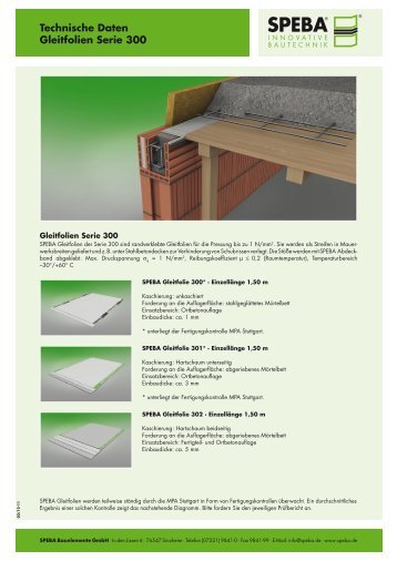 Technische Daten Gleitfolien Serie 300 - SPEBA Bauelemente GmbH