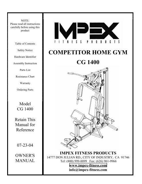 Impex Home Gym Exercise Chart