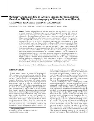 Methacrylamidohistidine in Affinity Ligands for Immobilized Metal ...