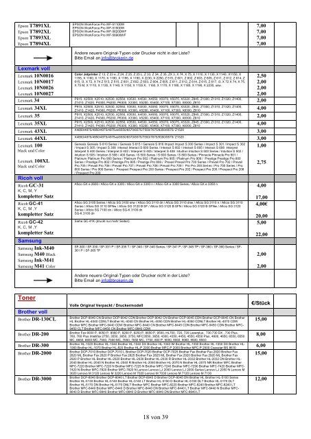 Ankaufliste Preisliste buylist volle unused Toner Tintenpatronen Juli2017