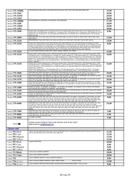 Ankaufliste Preisliste buylist volle unused Toner Tintenpatronen Juli2017