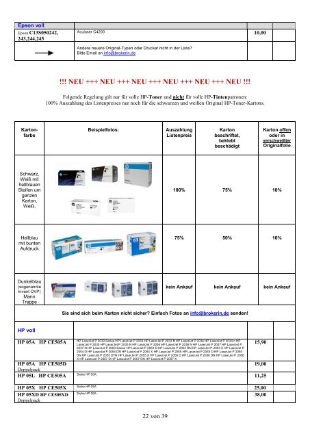 Ankaufliste Preisliste buylist volle unused Toner Tintenpatronen Juli2017