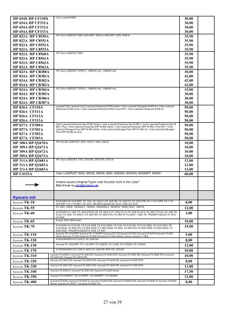 Ankaufliste Preisliste buylist volle unused Toner Tintenpatronen Juli2017