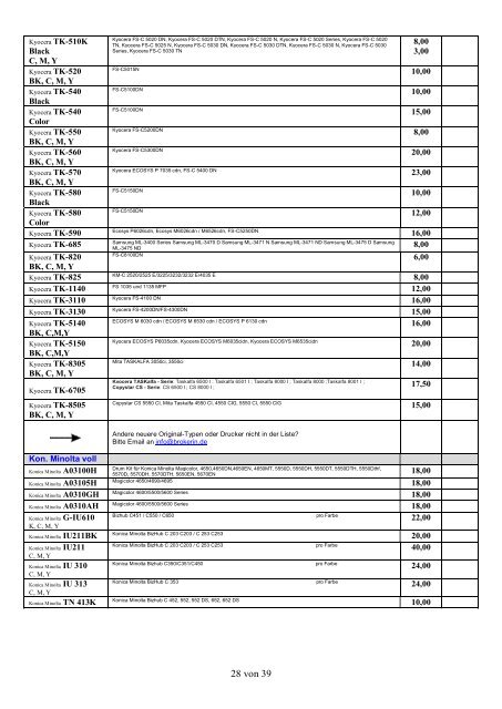 Ankaufliste Preisliste buylist volle unused Toner Tintenpatronen Juli2017