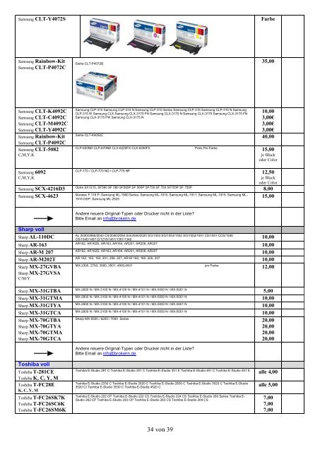 Ankaufliste Preisliste buylist volle unused Toner Tintenpatronen Juli2017