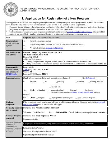 I. Application for Registration of a New Program - Lehman College ...