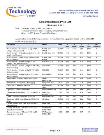 Equipment Rental Price List