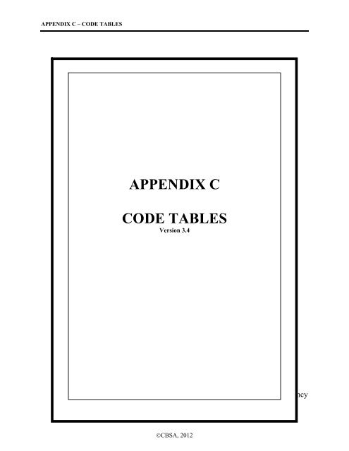 appendix c code tables - Agence des services frontaliers du Canada