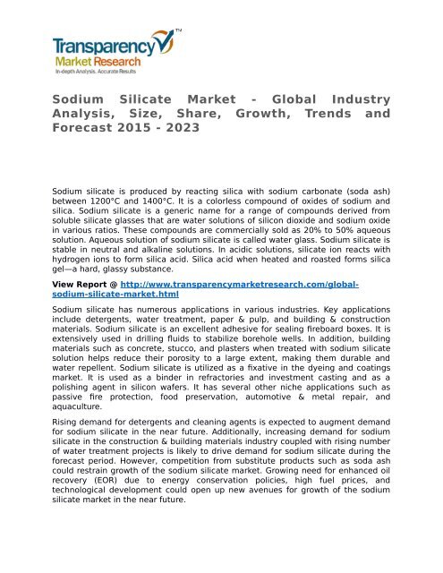 Sodium Silicate Market 2015 Trends, Research, Analysis and Review Forecast 2023