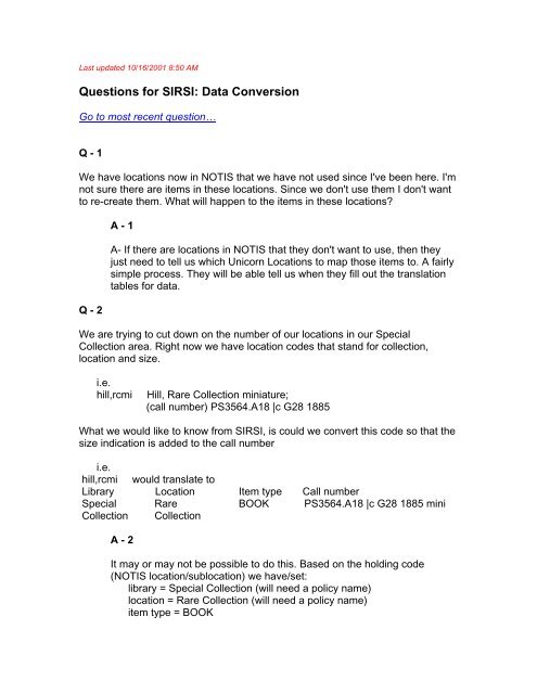 Questions for SIRSI: Data Conversion - Louisiana State University