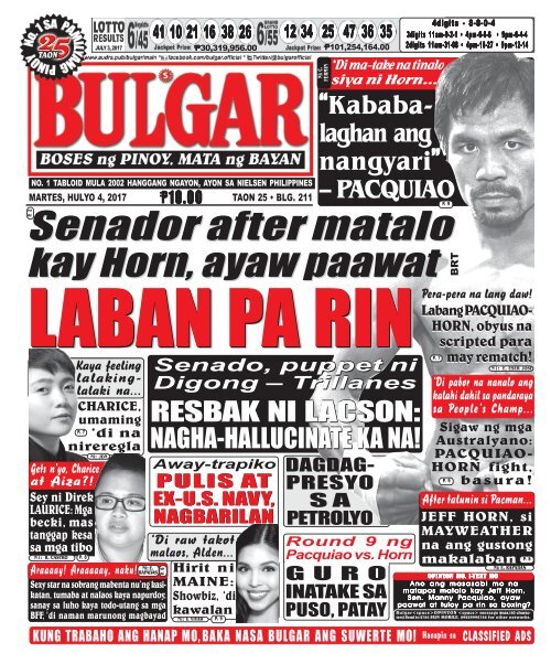 JULY 4, 2017 BULGAR: BOSES NG PINOY, MATA NG BAYAN