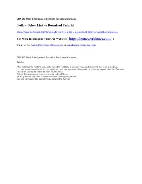 ELM 510 Week 3 Assignment Behavior Reduction Strategies
