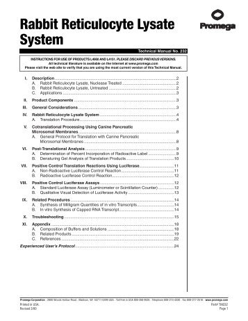 Rabbit Reticulocyte Lysate System Technical Manual, TM232