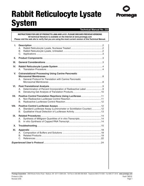 Rabbit Reticulocyte Lysate System Technical Manual, TM232