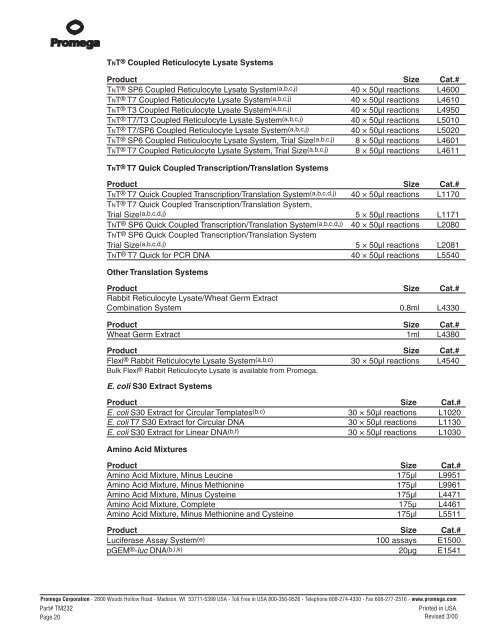 Rabbit Reticulocyte Lysate System Technical Manual, TM232