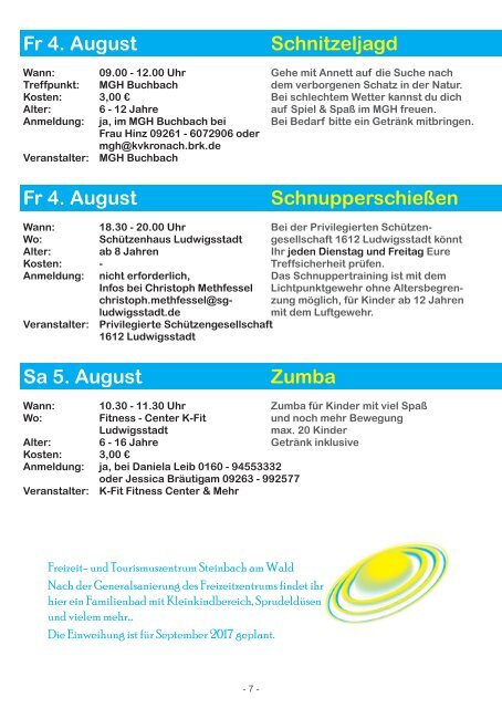 Ferienprogramm 2017 Rennsteigregion im Frankenwald