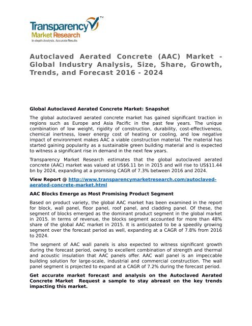 Autoclaved Aerated Concrete Market 2016 Trends, Research, Analysis and Review Forecast 2024