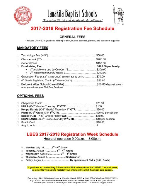 2017-18 Registration Fee Schedule