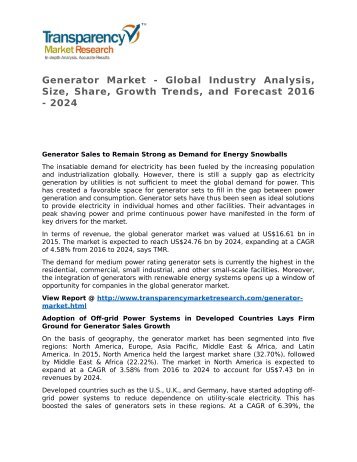 Generator Market 2016 Trends, Research, Analysis and Review Forecast 2024