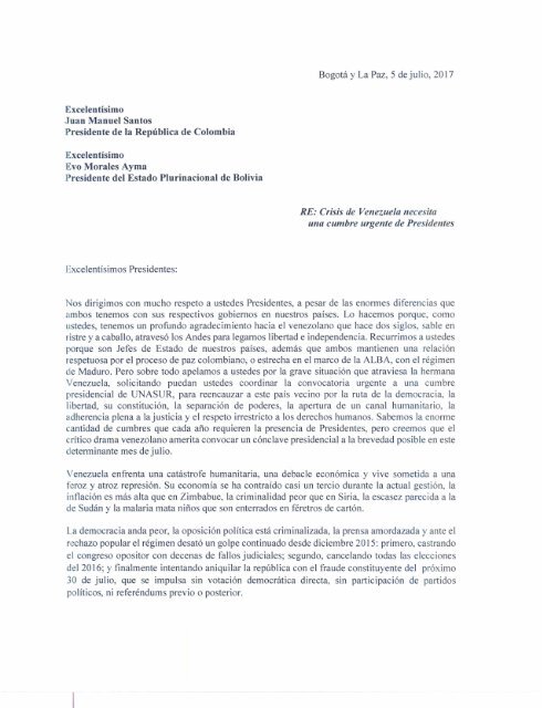 Carta de los expresidente Andrés Pastrana y Tuto Quiroga, a los presidentes Juan Manuel Santos y Evo Morales