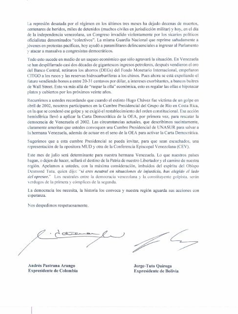 Carta de los expresidente Andrés Pastrana y Tuto Quiroga, a los presidentes Juan Manuel Santos y Evo Morales