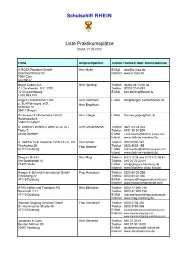 Liste Praktikum - Schulschiff RHEIN