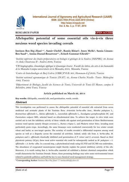 Allelopathic potential of some essential oils vis-à-vis three noxious weed species invading cereals