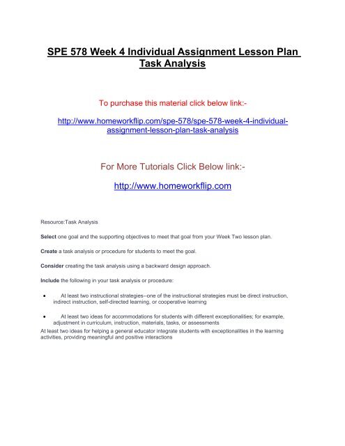 SPE 578 Week 4 Individual Assignment Lesson Plan Task Analysis