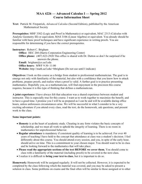 Maa 4226 Advanced Calculus I Spring 2012 Course