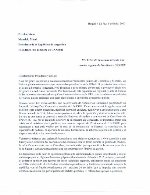 Carta de los expresidentes Andrés Pastrana y Jorge Tuto Quiroga al presidente de Argentina, Mauricio Macri