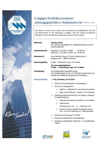 „Innungsgeprüfte/r Kalkulator/in“ (Konzept sarikohn) - GHW