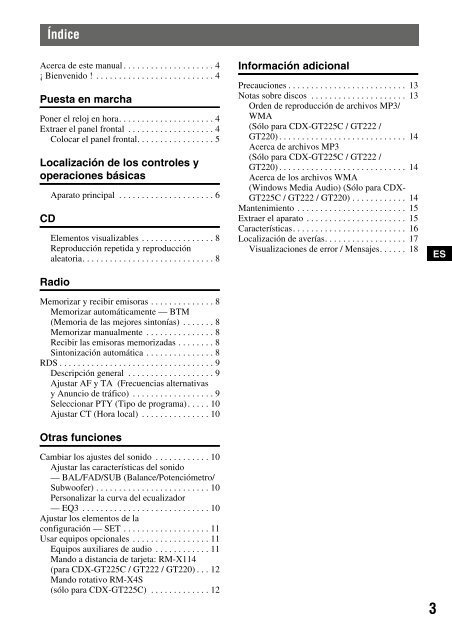 Sony CDX-GT121 - CDX-GT121 Mode d'emploi Espagnol