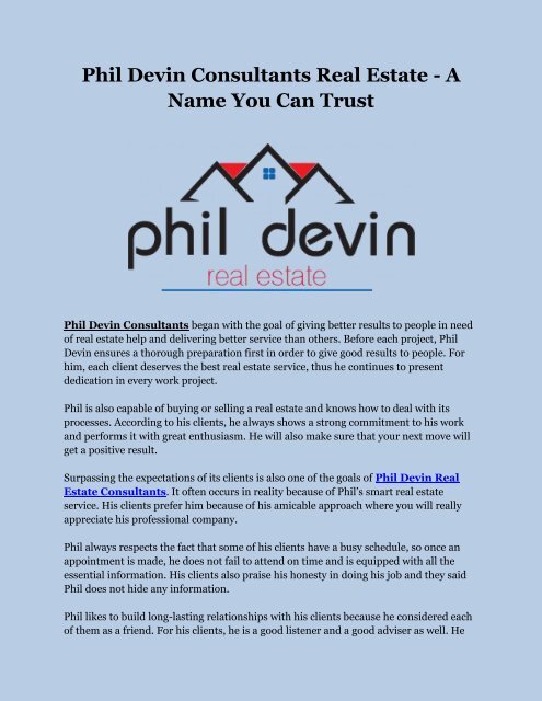 Phil Devin Consultants Real Estate - A Name You Can Trust