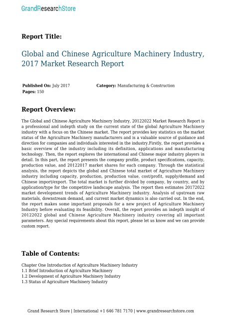 Global and Chinese Agriculture Machinery Industry, 2017 Market Research Report