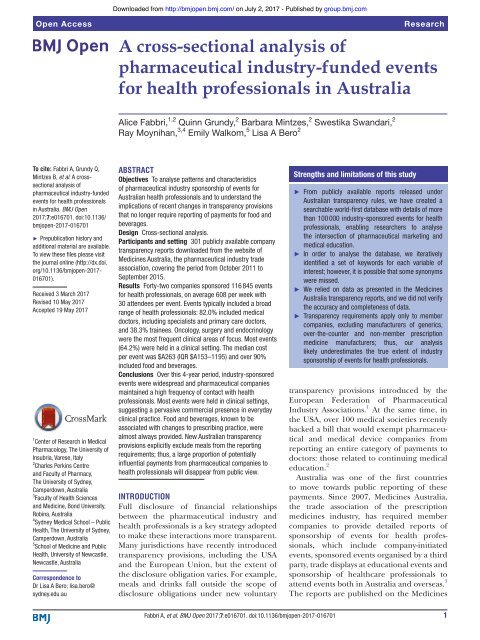 A cross sectional analysis of pharmaceutical industry-funded events for HCPs in Australia_Fabbri_Mintzes