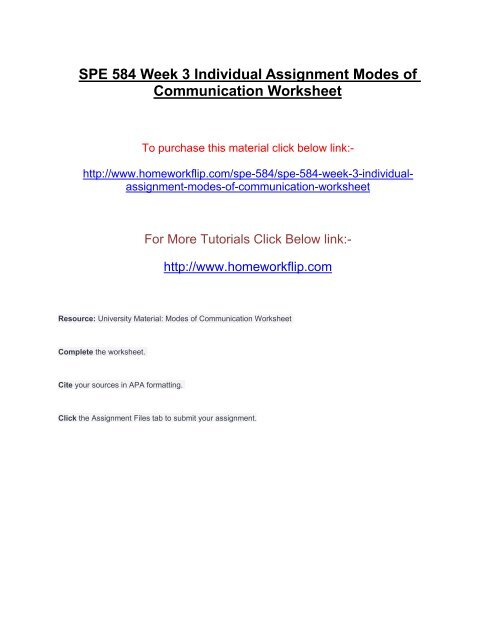 SPE 584 Week 3 Individual Assignment Modes of Communication Worksheet