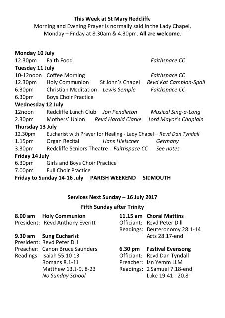 St Mary Redcliffe Church Pew Leaflet - July 9 2017 
