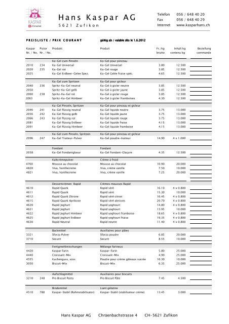Preisliste Gewerb 2012 ab 1.6.2012 - Hans Kaspar AG
