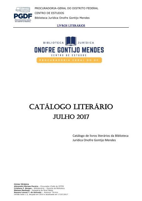 Catálogo Literário - Biblioteca Jurídica Onofre Gontijo Mendes - PGDF