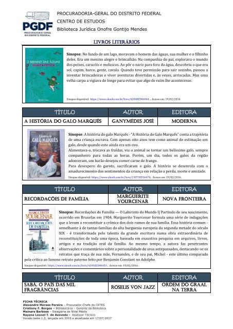 Catálogo Literário - Biblioteca Jurídica Onofre Gontijo Mendes - PGDF